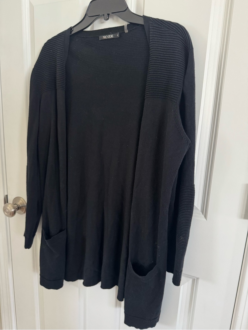 NIC+ZOE Black Open Front Cardigan Sweater Size M – Pockets & Ribbed Detail